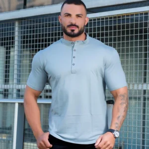 Bata Masculina Gola Padre Manga Curta Cinza