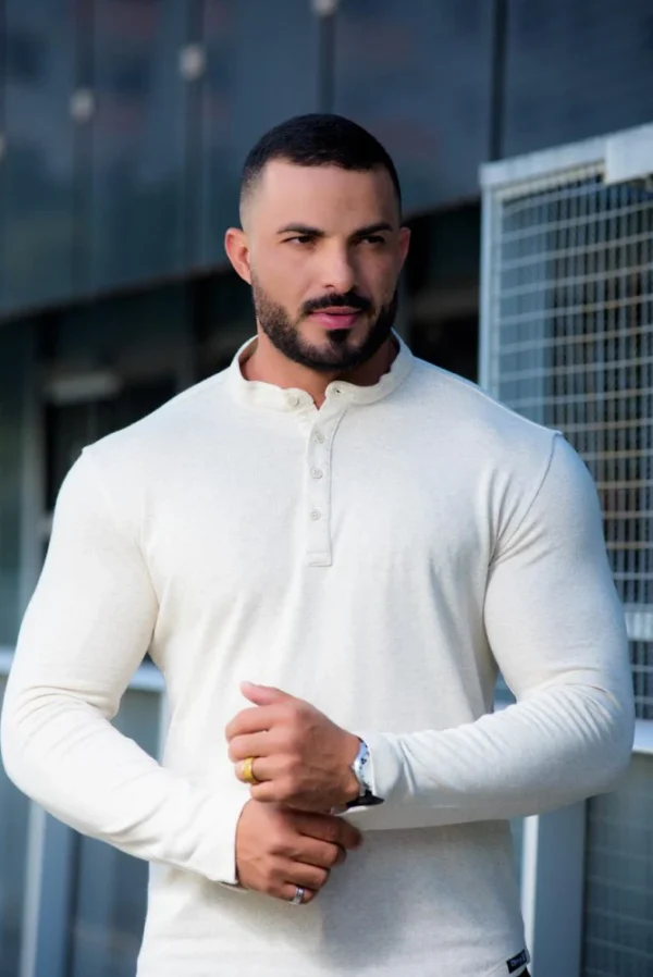 Bata Masculina Gola Padre Linho Europeu Manga Longa Branca