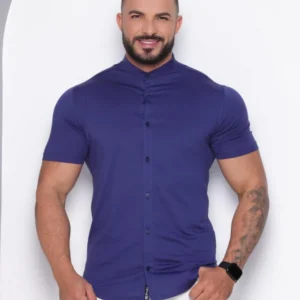 Camisa Gola Padre Masculina Manga Curta Azul Escuro