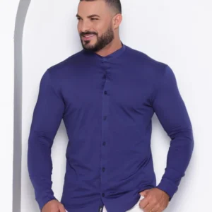 Camisa Gola Padre Masculina Manga Longa Azul Escuro