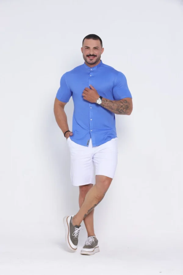 Camisa Gola Padre Masculina Manga Longa Azul Claro