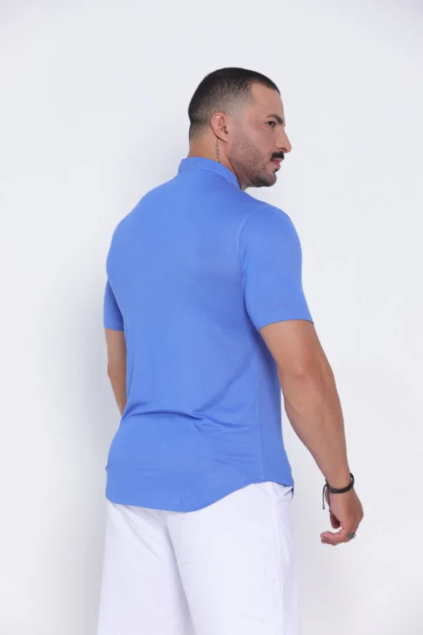 Camisa Gola Padre Masculina Manga Longa Azul Claro