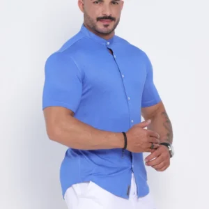 Camisa Gola Padre Masculina Manga Longa Azul Claro