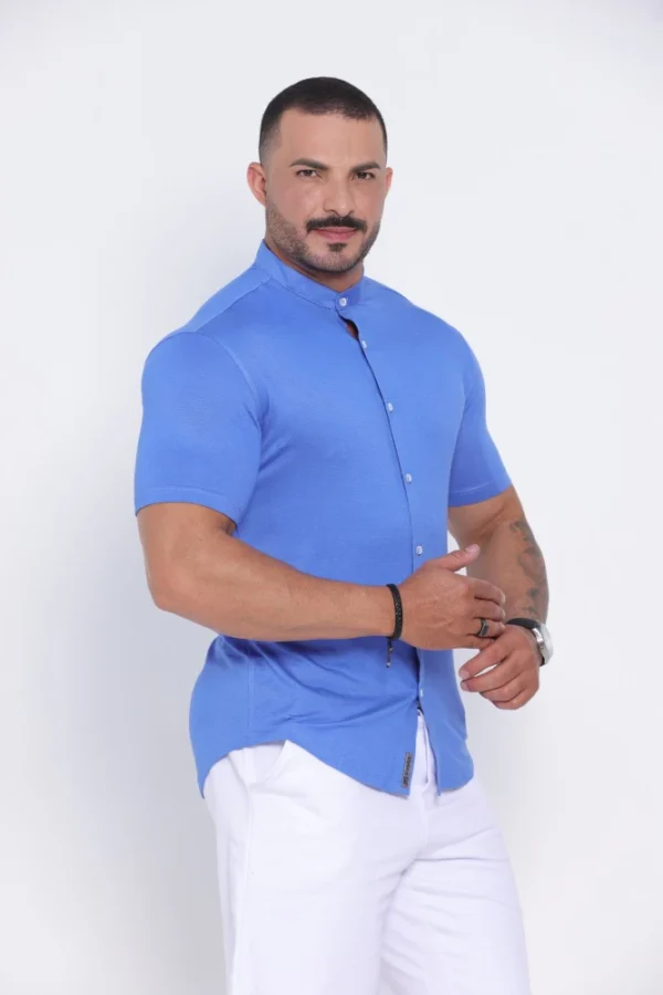 Camisa Gola Padre Masculina Manga Longa Azul Claro