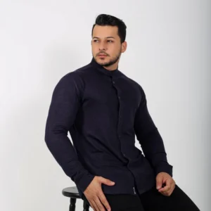 Camisa Gola Padre Masculina Manga Longa Azul Escuro
