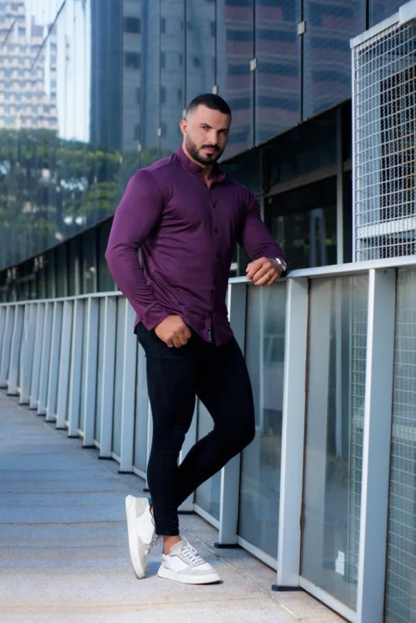 Camisa Gola Padre Masculina Manga Longa Vinho Escuro