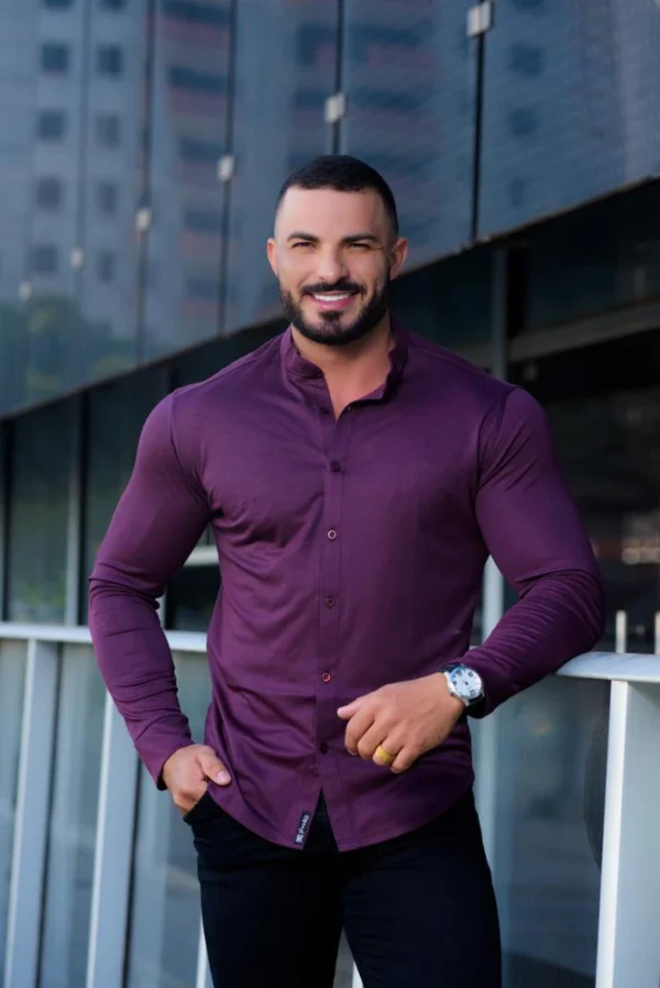 Camisa Gola Padre Masculina Manga Longa Vinho Escuro