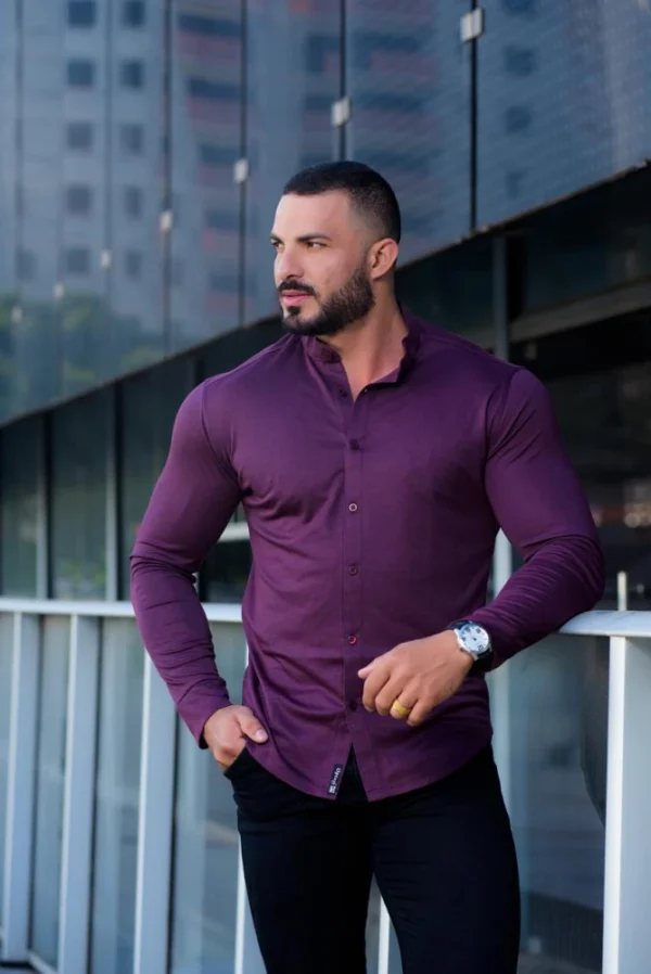Camisa Gola Padre Masculina Manga Longa Vinho Escuro