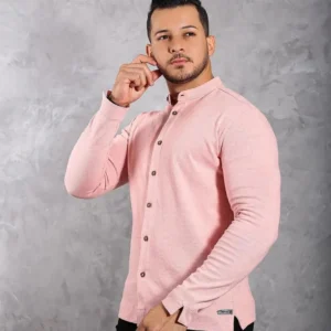 Camisa Gola Padre Masculina Manga Longa Rosa Clara