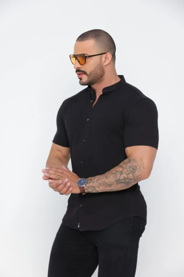 Camisa Gola Padre Masculina Manga Curta Preta