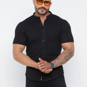 Camisa Gola Padre Masculina Manga Curta Preta
