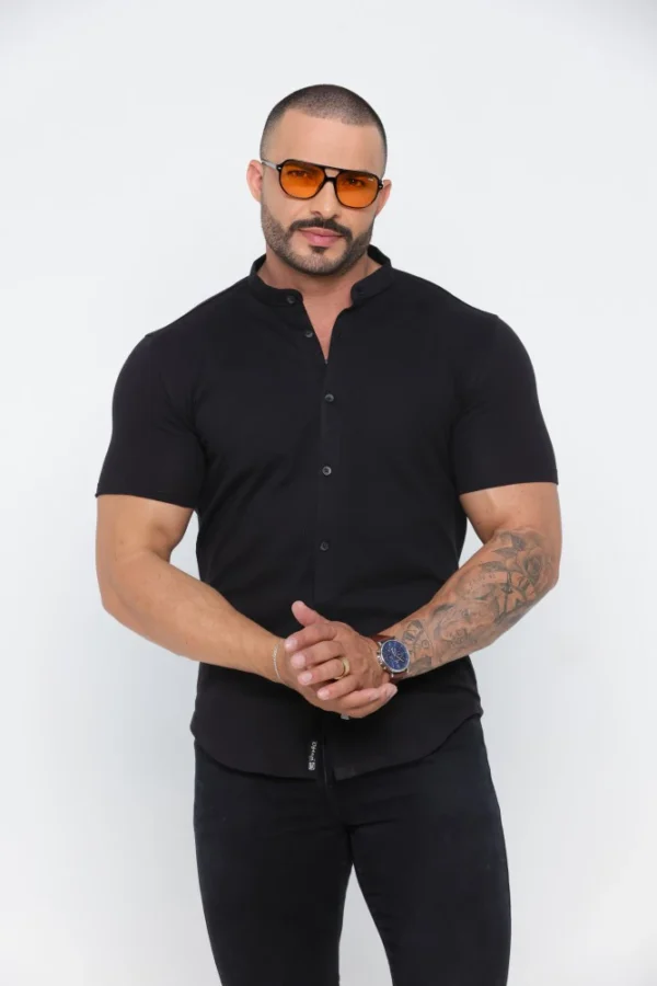 Camisa Gola Padre Masculina Manga Curta Preta