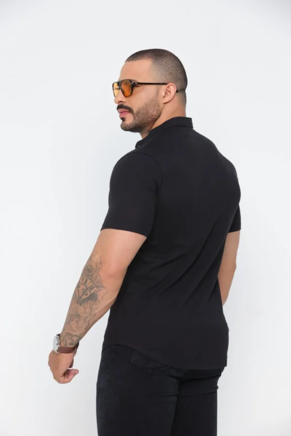Camisa Gola Padre Masculina Manga Curta Preta