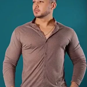 Camisa Gola Padre Masculina Manga Longa Marrom Claro