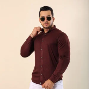 Camisa Gola Padre Masculina Manga Longa Marrom