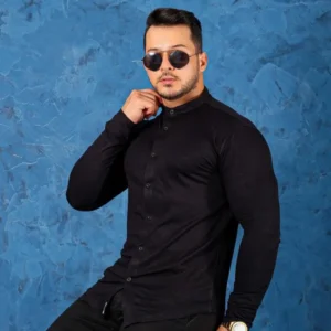 Camisa Gola Padre Masculina Manga Longa Preta