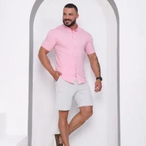 Camisa Gola Padre Masculina Manga Curta Rosa