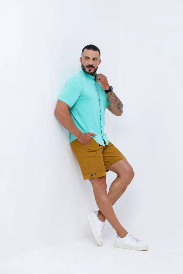 Camisa Gola Padre Masculina Manga Curta Verde Água