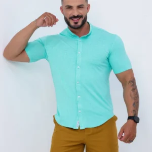 Camisa Gola Padre Masculina Manga Curta Verde Água