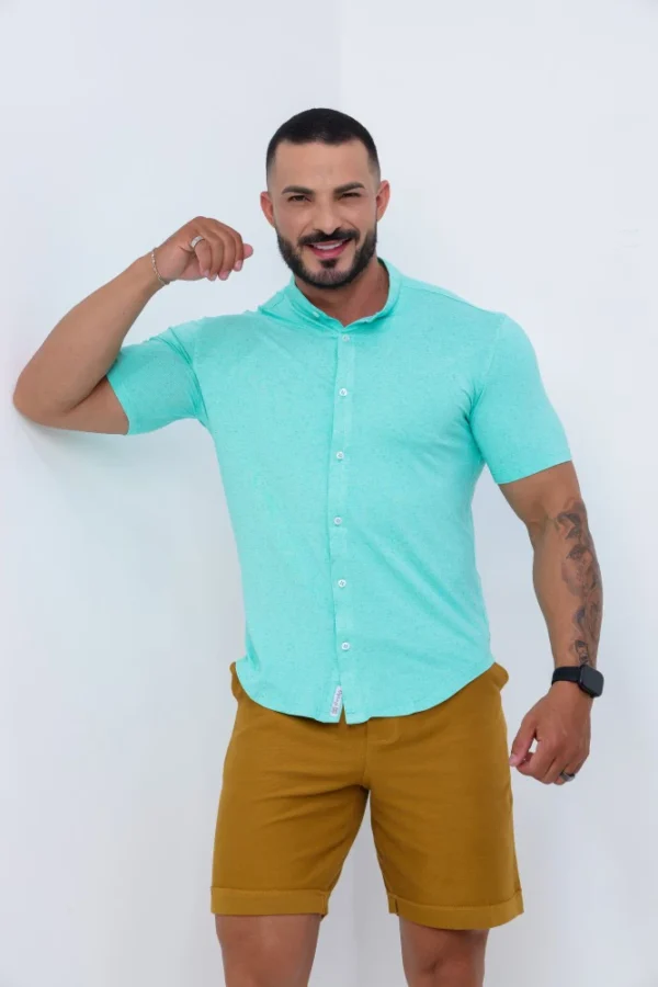 Camisa Gola Padre Masculina Manga Curta Verde Água