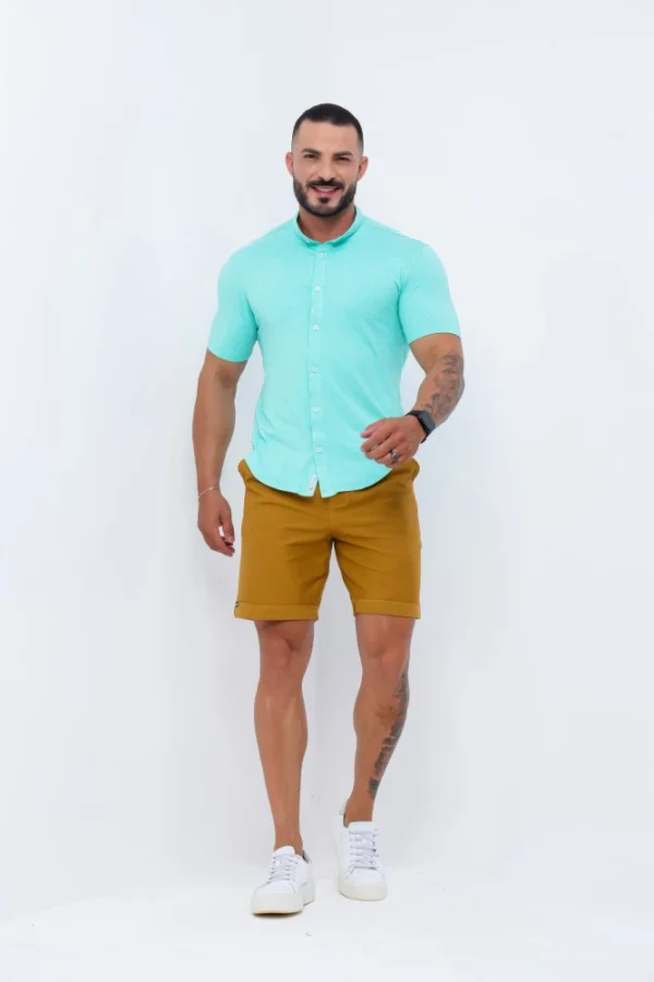 Camisa Gola Padre Masculina Manga Curta Verde Água