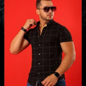Camisa Gola Padre Masculina Manga Curta Xadrez Preta