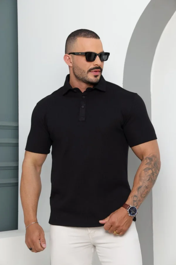 Camiseta Polo Masculina Texturizada Manga Curta Preta