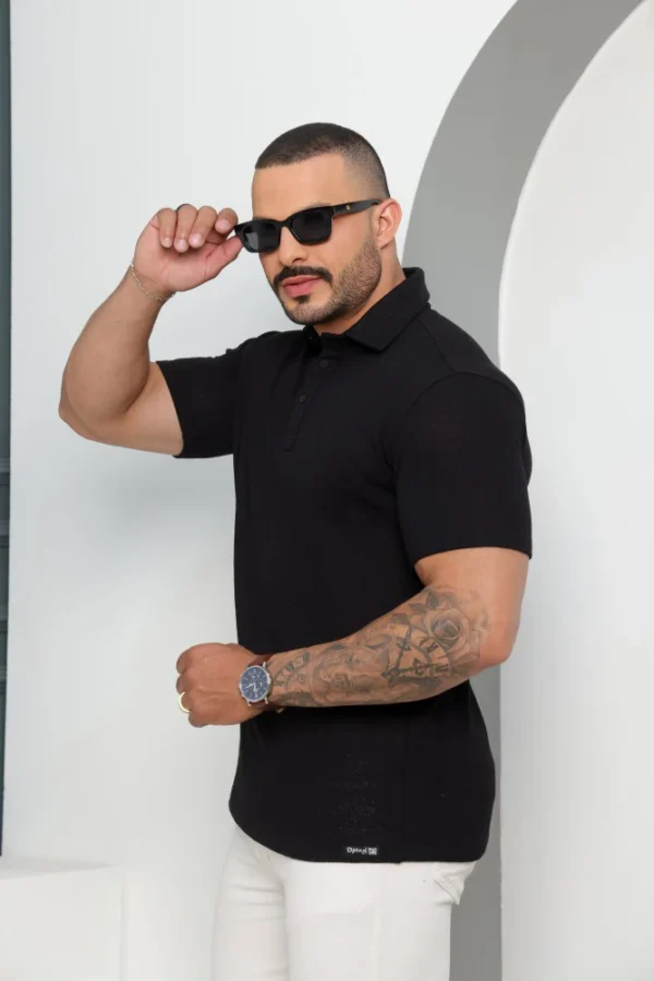 Camiseta Polo Masculina Texturizada Manga Curta Preta