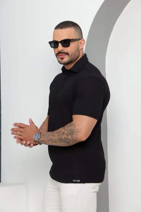 Camiseta Polo Masculina Texturizada Manga Curta Preta
