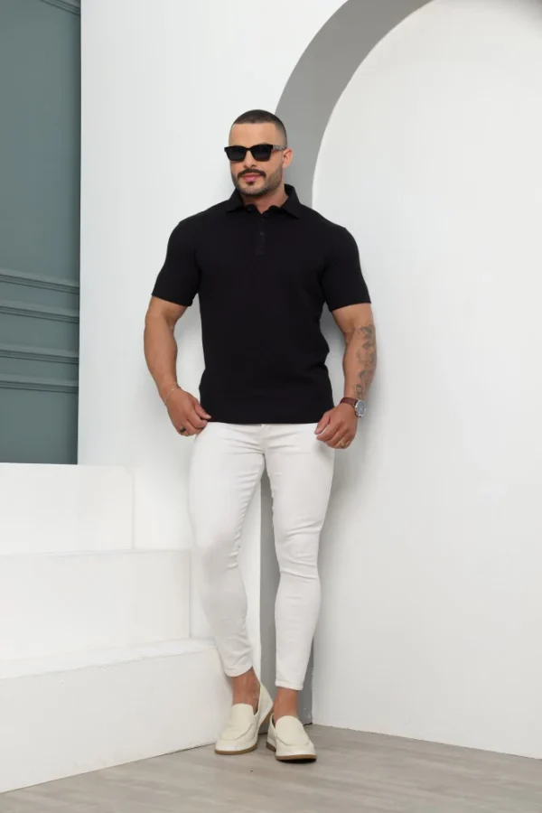 Camiseta Polo Masculina Texturizada Manga Curta Preta