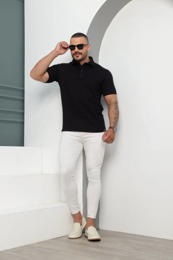 Camiseta Polo Masculina Texturizada Manga Curta Preta