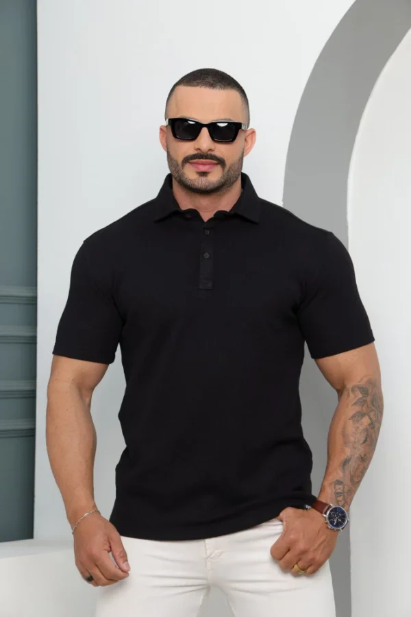 Camiseta Polo Masculina Texturizada Manga Curta Preta