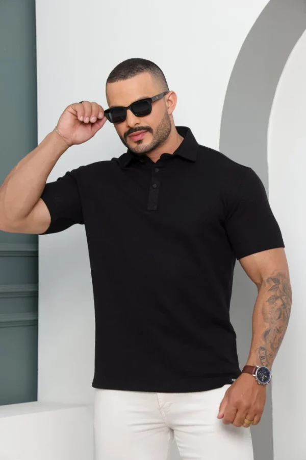 Camiseta Polo Masculina Texturizada Manga Curta Preta