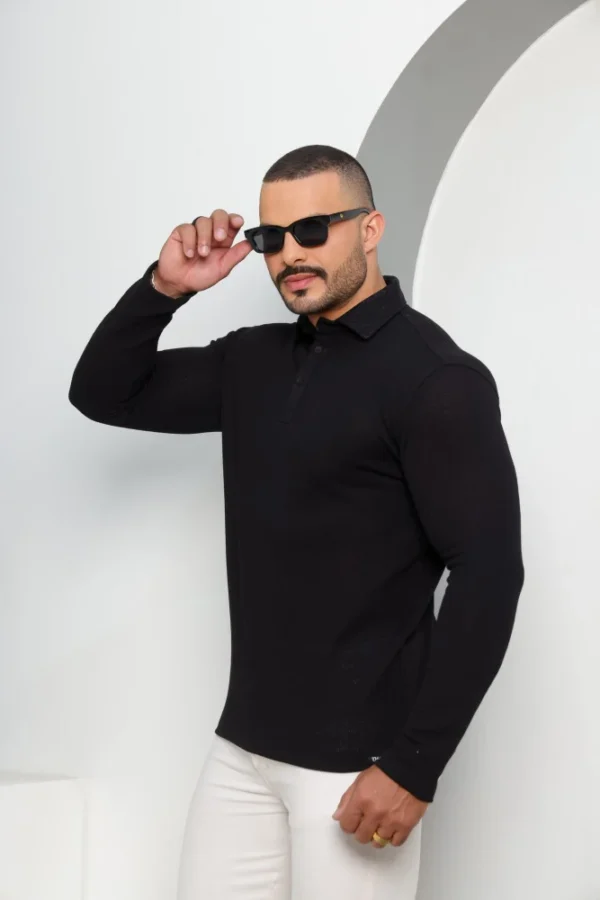 Camiseta Polo Masculina Texturizada Manga Longa Preta