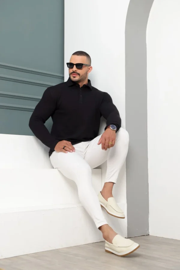 Camiseta Polo Masculina Texturizada Manga Longa Preta