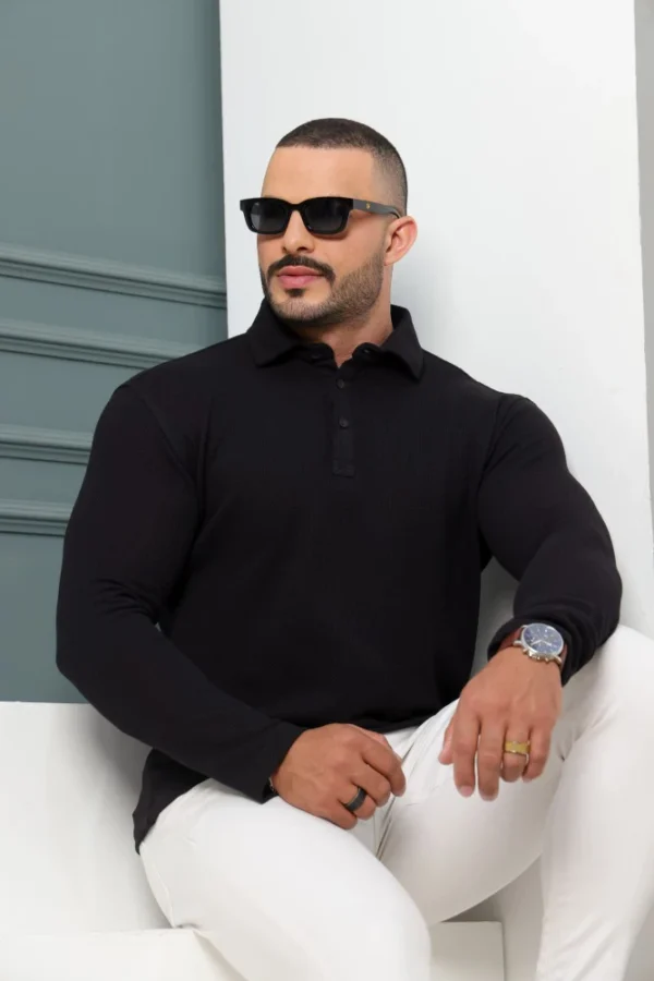 Camiseta Polo Masculina Texturizada Manga Longa Preta