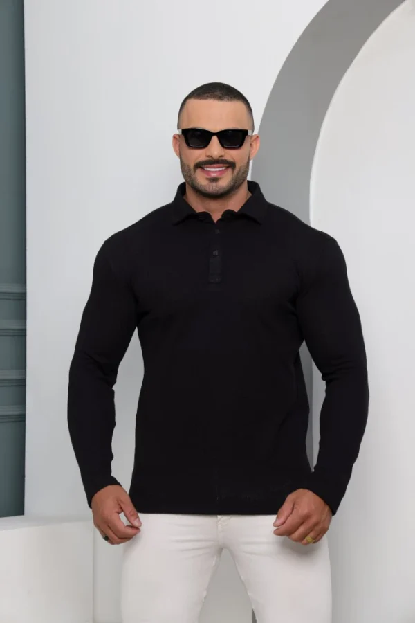 Camiseta Polo Masculina Texturizada Manga Longa Preta
