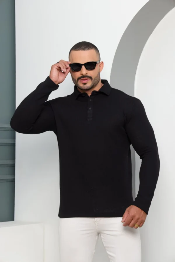 Camiseta Polo Masculina Texturizada Manga Longa Preta