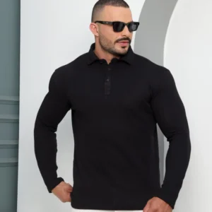 Camiseta Polo Masculina Texturizada Manga Longa Preta