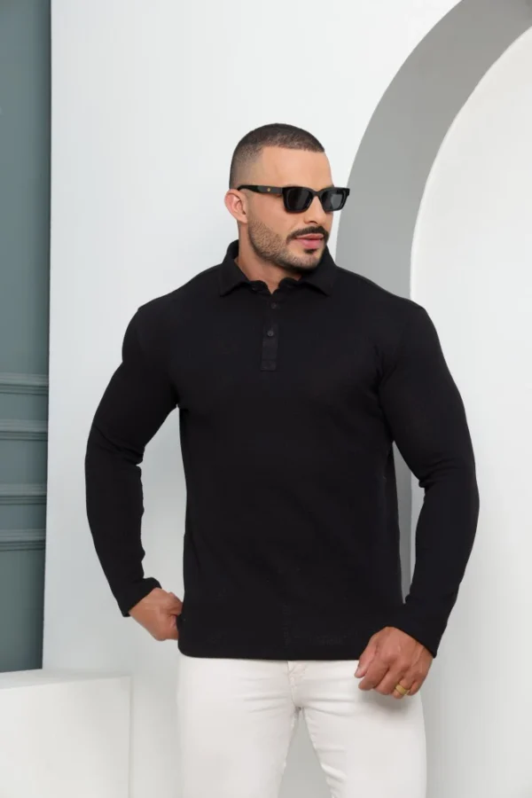 Camiseta Polo Masculina Texturizada Manga Longa Preta