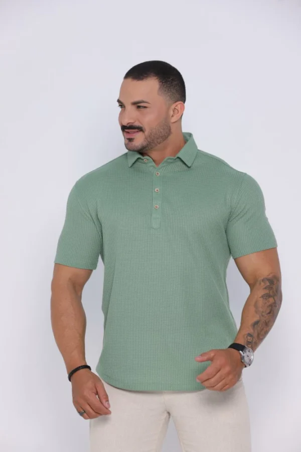 Camiseta Polo Masculina Texturizada Manga Curta Verde