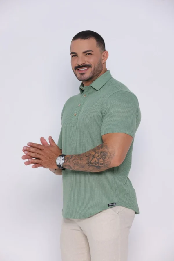 Camiseta Polo Masculina Texturizada Manga Curta Verde